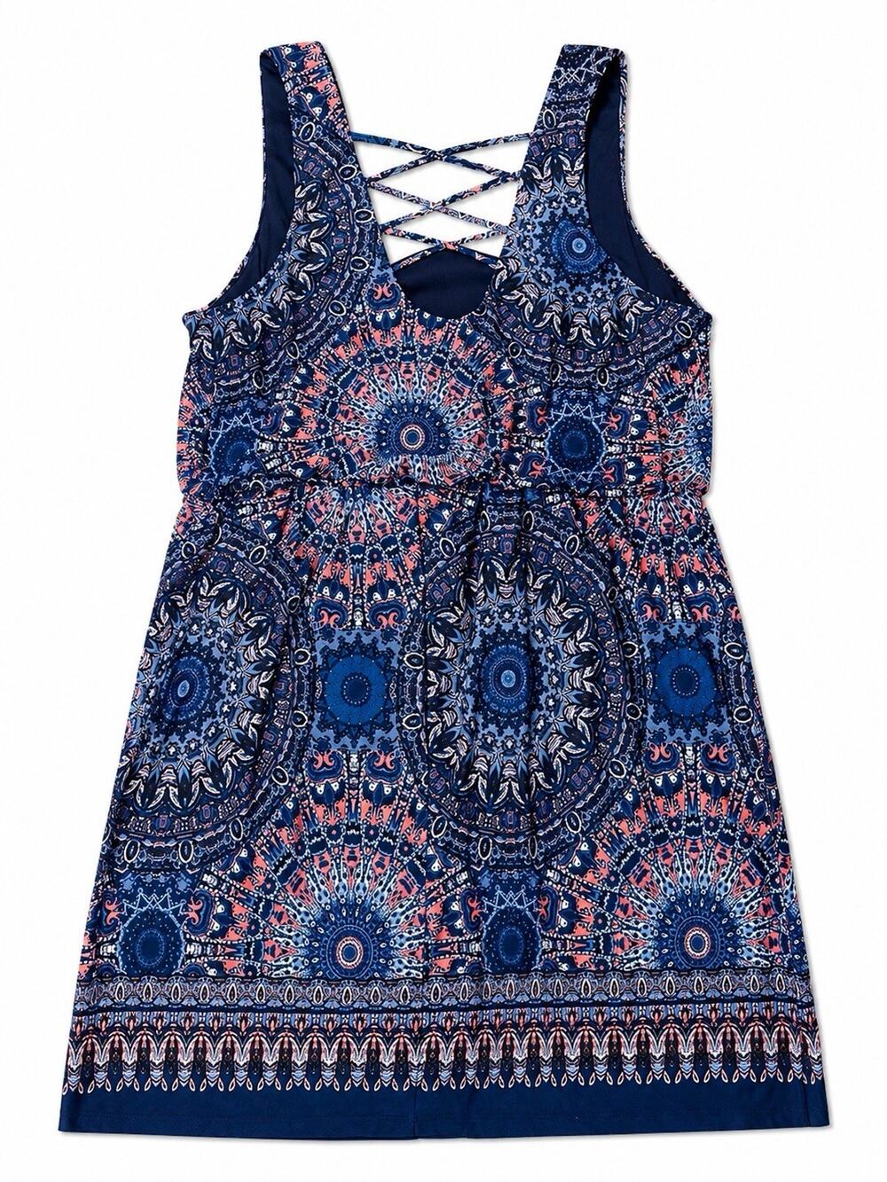 Maurices Womens 1X Blue Pink Boho Mandala Sleeveless Tank Dress Plus Size